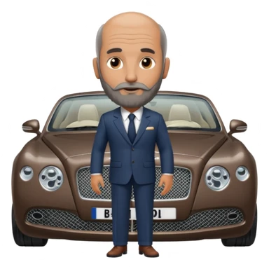 Slightly Balding with frencb beard graying indian guy in suit with a bentley names professor bw tlt sticker