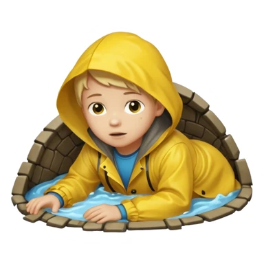Enfant a caouet jaune coucher devant un égout et il pleut sticker