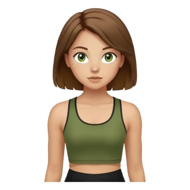 Girl with green eyes, brown hair shoulder length, light skin, and freckles wearing an olive green crop top with black leggings working out, she has light gorgeous lashes sticker