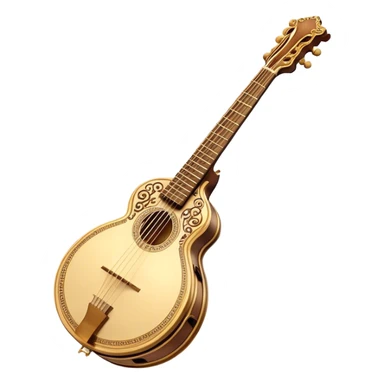 Bouzouki – Cinematic Realistic Bouzouki, depicted as a beautifully crafted Greek string instrument with a long neck and ornate fretwork, its polished wooden body reflecting warm golden light, set on a rustic background with soft shadows that evoke traditional Mediterranean music. sticker