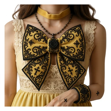 Add more gothic details such as ornate filigree, small black roses, and subtle cross motifs to the pastel yellow gothic bow and matching bracelet. Keep lace and velvet details. Photorealistic style. Keep background transparent if possible. sticker