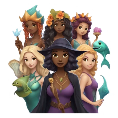 A group of friends, consisting of a female witch, a female wizard, a merman, a female fairy, and a female siren sticker