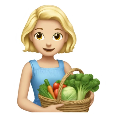 Girl with blonde hair and blue eyes wearing a sleeveless sundress and carrying two baskets of vegetables and greens sticker