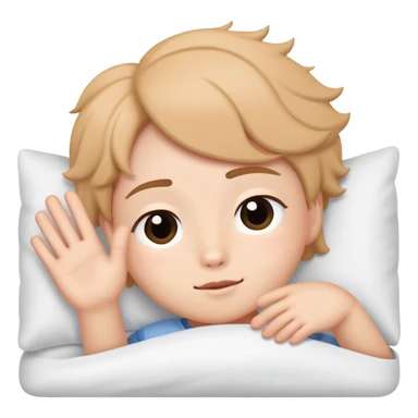 A cute character named Boksil waving gently while lying down in bed with eyes closing, looking sleepy sticker