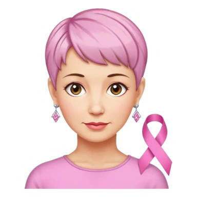 Mature Woman with pixiecut wearing earrings of pink ribbons sticker