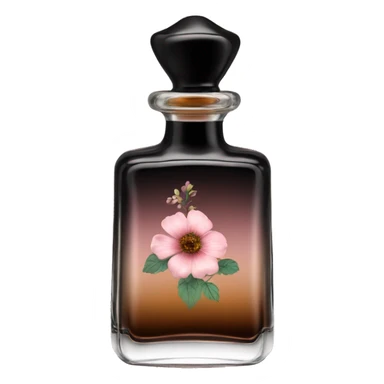 English vintage glass perfume bottle from my aristocratic grandmother, exquisite bottle shape, old and shabby, with label, stylish and minimalistic, black and brown with pink gradient, with little herbal and flowers  sticker