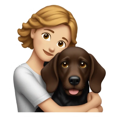 White girl with brown hair hugging a black wiener dog and a red golden retriever sticker