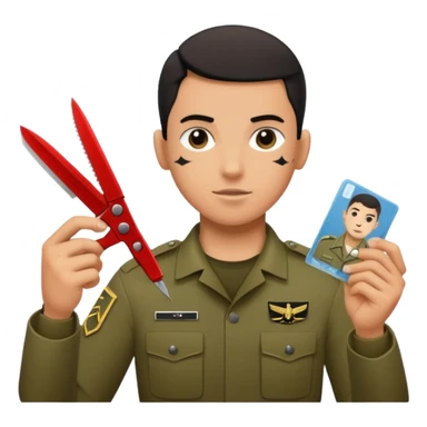 Floating black Scissors cutting in half an idf soldier ID card with a little chip in 2 parts .hyper realistic sticker