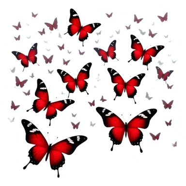 A surreal composition with deep red butterflies fluttering in the foreground, their wings illuminated by an unseen light, while faded black crosses stand solemnly in the misty background. The air feels heavy with mystery, blending passion and melancholy in a striking visual. sticker