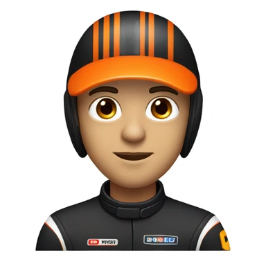 Head and shoulders of a race car driver wearing a black suit with orange stripes and a black helmet with an orange design and a closed visor sticker