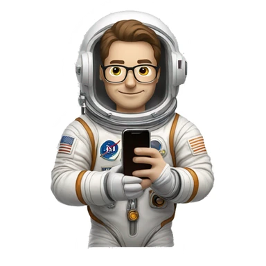 Man in glasses and an astronaut suit holding a phone. His suit has a Bitcoin symbol on the chest. He has short brown hair and a friendly expression sticker