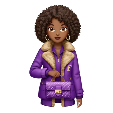 Beautiful black woman with curly hair. She is wearing a brown monogram Fendi jacket with a fur trim. She is carrying a Fendi Baguette
Purple sequined bag. I want the image close up. The jacket is not purple.  sticker