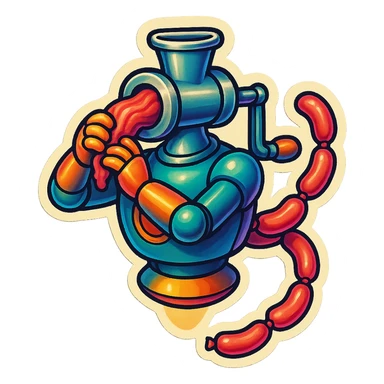 a robot that has a large meat grinder for a head. 2 arms that stuff meat into its meat hole. meat is processed and sausage links come out of the rear. The robot doesnt have legs it hovers.style is not lifelike. sticker or emoji style. robot feeds itself meat sticker