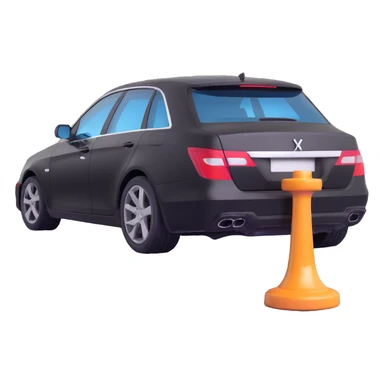 black luxury car with a visible dent, hammer and rod forming an X on the rear right corner, reflection lamp above rear illuminating damaged area, elegant and modern sticker