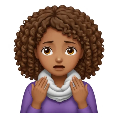 Medium  dark skin tone curly brown hair girl with her hands around her neck crying  sticker