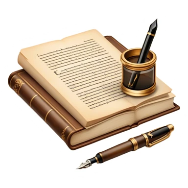 Create a vibrant emoji representing prose writing. The design should feature an open book with pages showing unfinished prose, a classic fountain pen or quill with black or dark blue ink, and an antique inkwell next to it. The pages should have visible lines of text, but some should remain unfinished, symbolizing the creative process. Use warm, earthy tones like brown, gold, and cream for the book and background, with the ink and pen in black or dark blue. The emoji should convey the idea of storytelling, creativity, and the unfinished nature of literary work. Make the background transparent. sticker