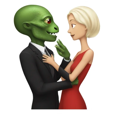 White man in black dress hugs and kissing Alien reptilian woman in red dress  sticker
