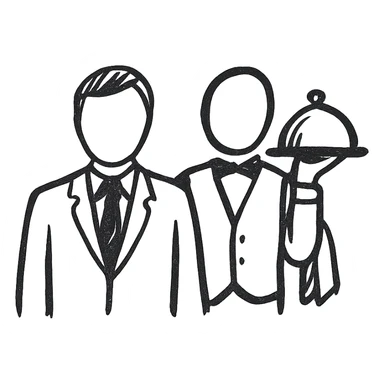 A businessman in a crimson suit with a waiter sticker