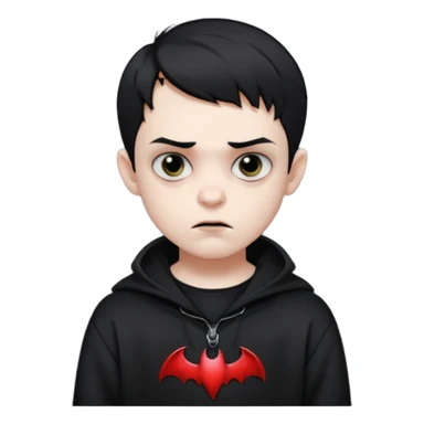 Vampire boy with the short black hair, pale-white skin, black eyes, little fangs and dark circles under his eyes. He has serious face and he wear a black oversize sweatshot sticker