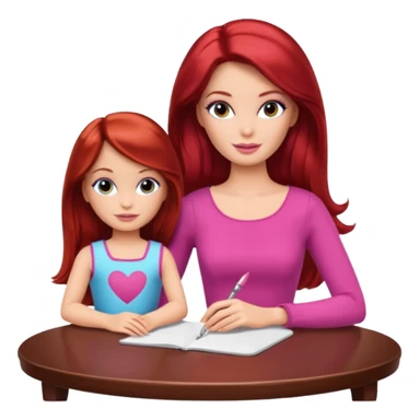 A Barbie girl with makeup, with long dark brown hair, with a child, a daughter with red hair, sitting at a table sticker