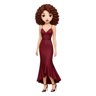 Chica blanca ,ojos marrones, vestido granate muy largo sexy , tirantes cuerpo entero pelo rizado  zapatos negros tacon sticker