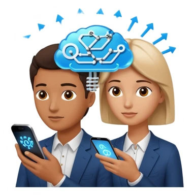 Generate a realistic emoji of a two people using a phone which shows artificial intelligence. Out of the phone is coming 3d ideas and electric symbols and a lot of small ideas popping up sticker