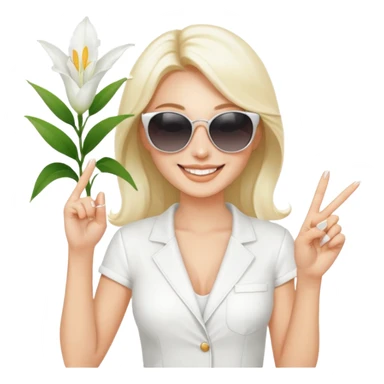 Professional sexy woman smiling holding lilies posing in shades  and flashing peace sign fingers sticker
