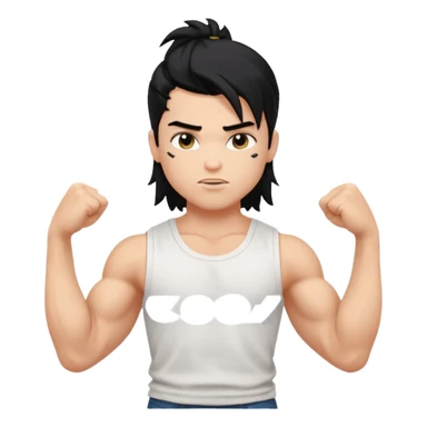 generate a pretty bratz boy with messy long mullet hair, sleeveless white tshirt, big biceps. Black hair sticker