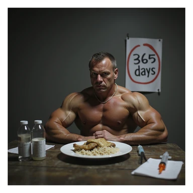 realistic bodybuilder sitting alone at table with plate of rice and chicken, syringe and bottles nearby, serious look, calendar with '365 days' circled in red, atmosphere of discipline and solitude sticker
