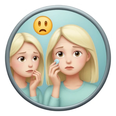 thoughtful tired woman looking in the mirror, gentle pastel tones, soft lighting, emoji style, symbolizes fatigue not ageing без кружка  sticker