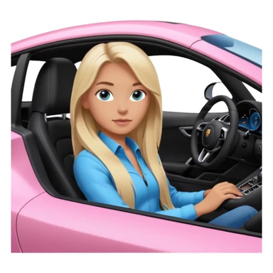 pink Porsche taycan with blonde girl, long hair, blue eyes, sitting in the car, girl in the driver seat, front view point of view, no sunglasses sticker