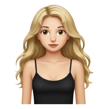 make an emoji girl with long dirty blond hair and hazel eyes. wearing a cute black spaghetti strap tank top tank top and her hair is down and slightly wavy. she also has really long eyelashes  sticker