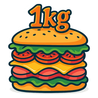 big cartoon sandwich with '1kg' in a playful, whimsical font on top sticker