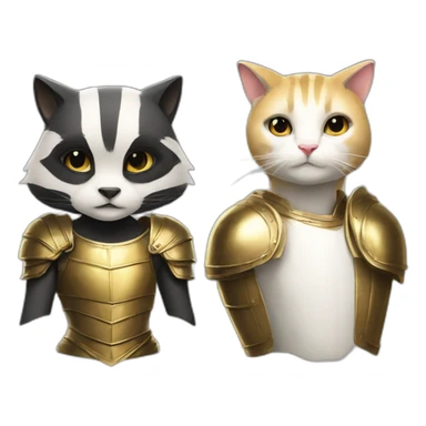 a badger, and a white female cat with a golden armour sticker