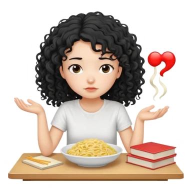 generate a pretty bratz fair skinned girl with curly black hair wearing a white tshirt sitting on a table with noodles and books. looking sleepy and tired sticker