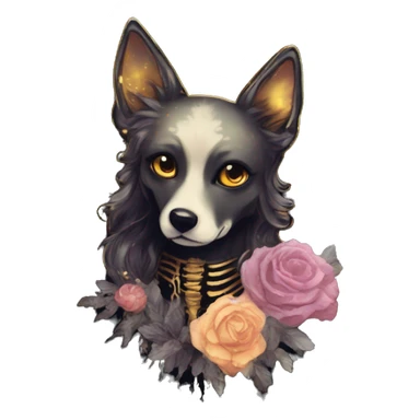 Black iridescent dog fox zombie skeleton gold mechanical nebula galaxy stars flowers fairy lights vintage sticker