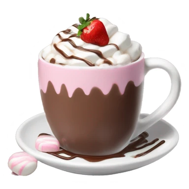 hot chocolate with mug and whip cream and chocolate drizzle and pale pink strawberry and marshmellows sticker