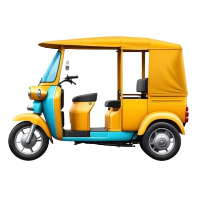 Cinematic Realistic Tuk Tuk Emoji, depicted as a vibrant iconic three-wheeled vehicle with bold colors and a compact design, rendered with crisp textures and dynamic urban lighting that captures its quintessential Thai charm. sticker