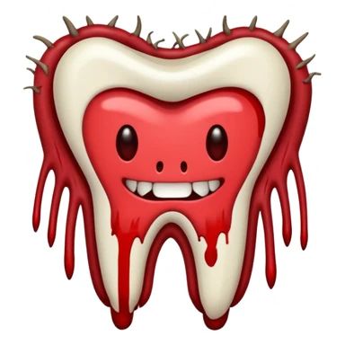 Minimalist emoji-style sticker of a pulled tooth with roots and a smear of blood at the base. Black and desaturated red colors. Flat, clean outline on white.
 sticker