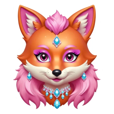 glamorous fox portrait, head and shoulders only, exaggerated pink makeup, bright eyeshadow, long eyelashes, shiny blush cheeks, sparkling face gems, glitter accents, elegant earrings, fantasy beauty style, cute 3D cartoon, mobile game icon style, clean background, no text, no watermark
 sticker