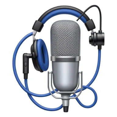 Create a sleek and professional emoji that represents voice acting and dubbing equipment. The design should feature a high-quality microphone, a sound mixer or audio interface, and headphones to symbolize the recording and technical process. Include elements like a soundproof booth or audio cables to reflect the studio environment. Use a modern, clean design with colors like silver, black, and dark blue to represent the professional side of voice acting. The background should be transparent. sticker