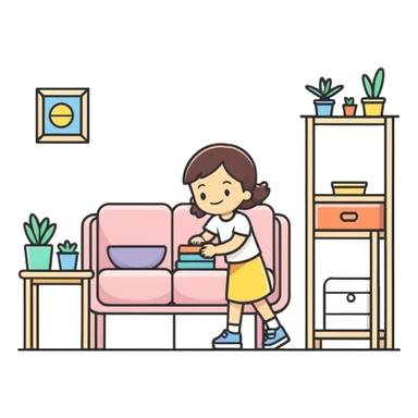 smiling girl arranging furniture in doll house sticker