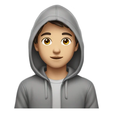a 14 years boy , with a short dark brown hair , and brown eyes , and light skin , wearing a grey hoodie sticker