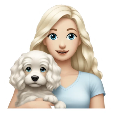 pale blonde girl with long platinum white wavy hair with blue eyes and wearing a light pink shirt holding a black and white haired puppy sticker