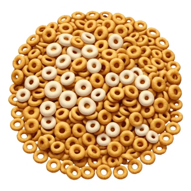 shallow pile of puffed breakfast cereal grains with varied shapes (rings, pillows, or flakes), golden brown tones, crisp and lightly textured, soft lighting, subtle shadows, emoji scale sticker