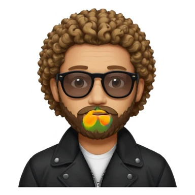 biker gang with black sunglass and rugged and bulky guy bearded curly hair black jacket one gay sticker