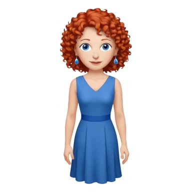 una profesora mayor simpática con el pelo rojo rizado, ojos azules, vestido azul y pendientes azules hablando altura completa sticker