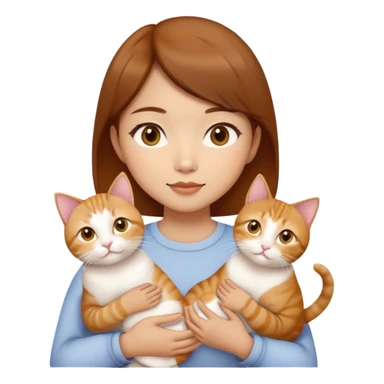 Asian girl, brown hair, brown eyes skin tone almond holding three cats one ginger, one yellow white one British short hair cream colour sticker