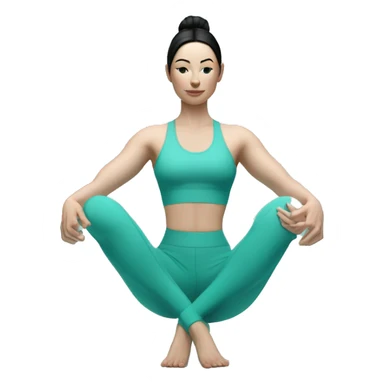 Pale skinned fit woman In a turquoise tight yoga suit and wristbands With black hair over her shoulders doing yoga sticker