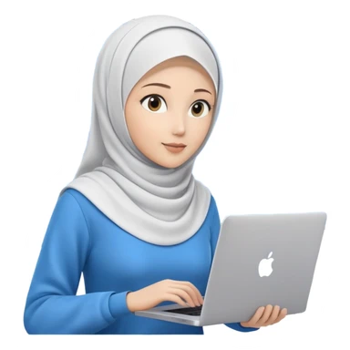 computer engineer with white hijab wearing blue outfit, no glasses, presenting her metaverse creation with a large digital screen behind her displaying virtual worlds and code, laptop open in front of her showing programming interface sticker